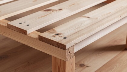 Close-up of a wooden bed frame construction with sturdy joinery and natural wood grain