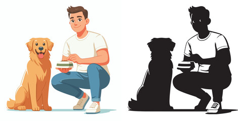  Set of vector and shilhouttes images of men and dogs on a white background