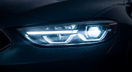 Modern Car Headlight Illuminating the Dark Road Ahead.