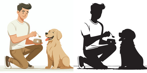  Set of vector and shilhouttes images of men and dogs on a white background