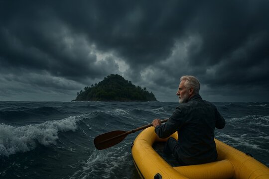 A man in a yellow boat rowing through dark ocean waves toward a distant tropical island, creating a mood of adventure and survival.