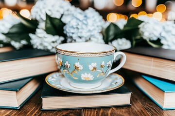 Vintage Teacup Arrangement Beside Hydrangeas on Stacked Books for Cozy Decor Setting