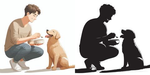  Set of vector and shilhouttes images of men and dogs on a white background