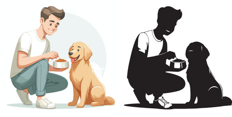  Set of vector and shilhouttes images of men and dogs on a white background