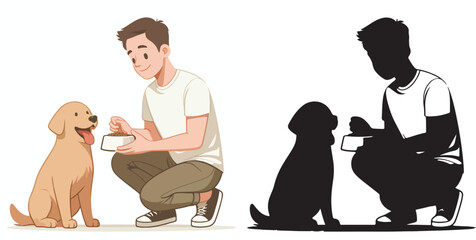  Set of vector and shilhouttes images of men and dogs on a white background