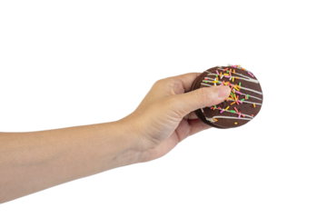 Mint filled chocolate chip cookies in hand on transparent background