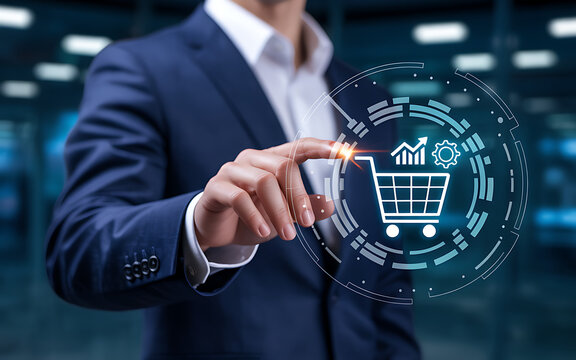 Closeup of a businessmans hand interacting with a digital shopping cart icon, symbolizing online retail and business growth