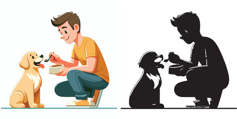  Set of vector and shilhouttes images of men and dogs on a white background