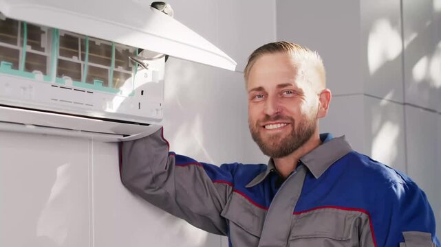 Professional Technician Installing And Repairing Air Conditioning