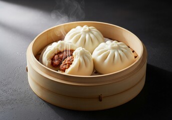 Steamed Pork Buns (Char Siu Bao) in Bamboo Steamer