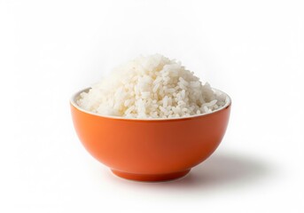 Steamed White Rice in Orange Bowl on White Background &mdash; Close-Up Food