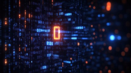 Glowing digital binary code streams with vibrant blue and orange hues creating a futuristic data visualization effect