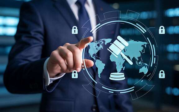 Closeup of a businessmans hand interacting with a global legal technology interface featuring a gavel and world map