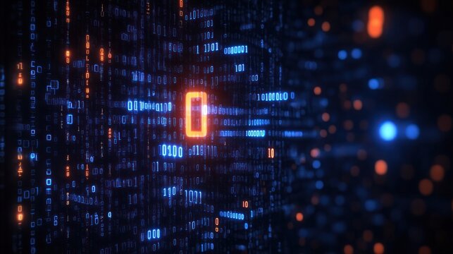 Glowing digital binary code streams with vibrant blue and orange hues creating a futuristic data visualization effect - Powered by Adobe