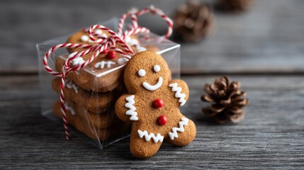 These charming gingerbread man cookies are beautifully arranged in a clear gift package, adorned with red string and surrounded by festive pine cones, perfect for holiday celebrations