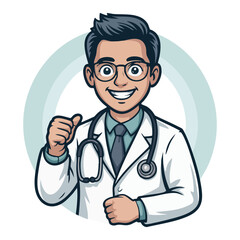 Fototapeta premium Cartoon doctor with stethoscope giving thumbs up in light blue circle medical