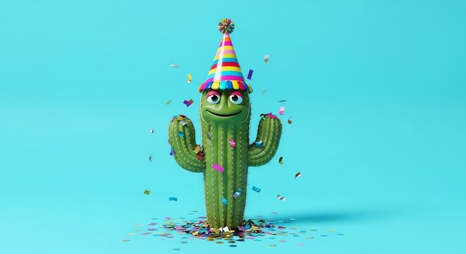 A cheerful cactus wearing a party hat stands amidst confetti, celebrating a birthday or special occasion on a blue background