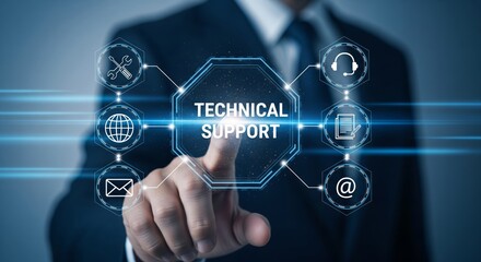 Obraz premium Technical Support HUD — Tools, Headset, Email and Web Icons — Corporate
