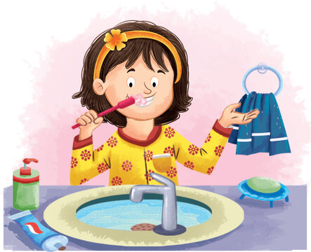 Girl Brushing Her Teeth in the Morning