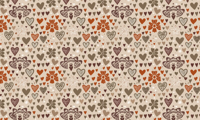 Rustic Folk Heart Pattern with Boho Flowers and Warm Neutral Colors