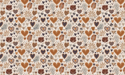 Boho Rustic Heart and Floral Seamless Pattern in Warm Earthy Tones
