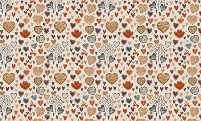 Seamless Rustic Heart Pattern with Boho Floral Elements in Warm Earth Tones