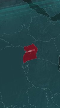 Vertical portrait, zoom in to the map of Uganda, with text and textless.