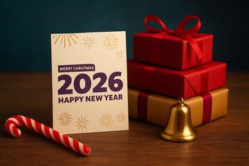 Warm festive 2026 Christmas and New Year greeting card scene with red gifts, golden bell, and candy cane on wooden background.


