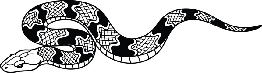 Black and white snake vector illustration, detailed reptile design with scales, elegant serpent silhouette for tattoo, logo, wildlife art, and decoration