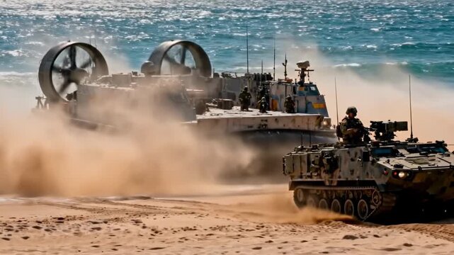 Military Hovercraft Landing Beach Amphibious Vehicle Deployment