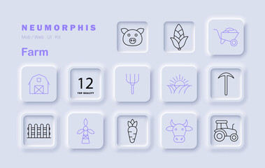 Farm set icon. Displays barn, tractor, pig, cow, corn, fence, field, carrot, windmill, sunrise, pitchfork, wheelbarrow in agriculture-based visuals