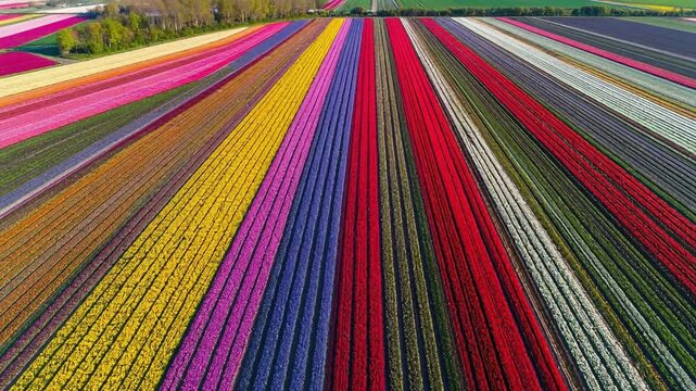 Vast colorful flower fields aerial glide shot with straight rows of blooms. Spring farming, Dutch tulip culture, and vibrant nature.