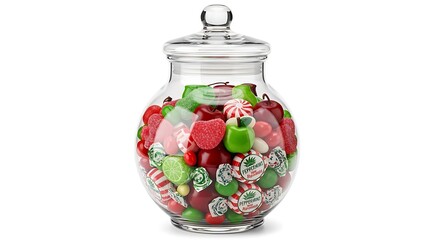 A clear glass jar filled with an assortment of colorful candies inside