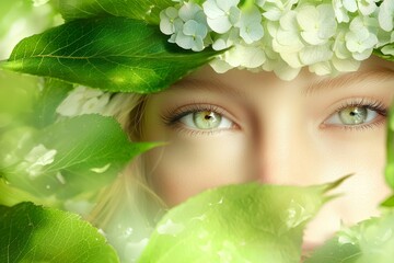 Girl With Hydrangea Crown and Natural Makeup Surrounded by Lush Green Leaves