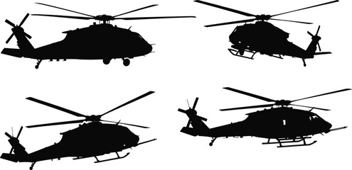 Black military helicopter silhouette collection, detailed aviation vector illustration set, combat and transport aircraft design elements for defense, flight, and aviation concepts © MdMojibar