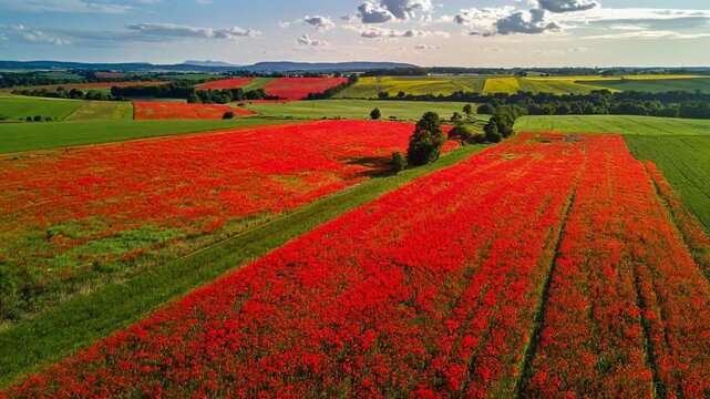 Expansive, autumn, orchard, aerial, rows, vibrant, foliage, farming, harvest, season, nature, landscape, red, yellow, orange, trees, agriculture, symmetrical, pattern, rural, cultivation, fruit, produ