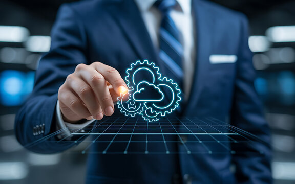 Man in suit interacting with a cloud computing and gears icon, symbolizing digital transformation and it infrastructure management