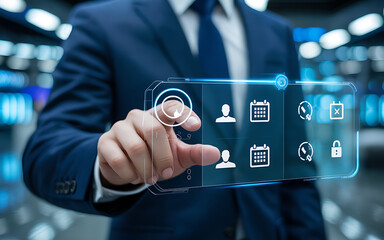 Closeup of a businessmans hand interacting with a futuristic holographic display showing icons for people, calendar, and settings, symbolizing digital organization and task management