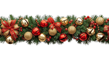 Festive Christmas Garland Featuring Red And Gold Ornaments Pine Sprigs And Decorative Red Ribbons
