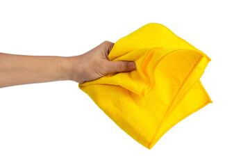 Yellow fiber cleaning cloth, new cloth ready to use on hand, transparent background