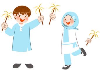 Muslim kids playing firework
