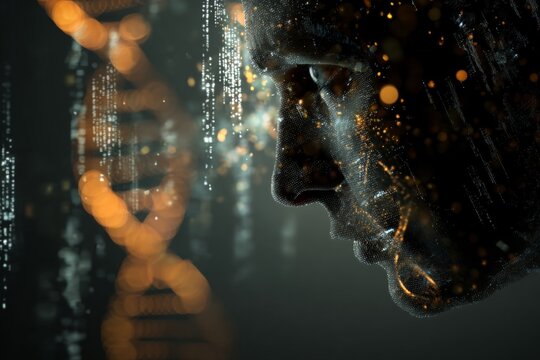 The intersection of technology and genetics: studies in shadowy labs. Analytics dashboard. Shadowy room and sprawling displays: specialists delve into dna patterns. Performance metrics.