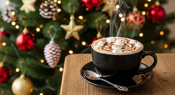 Steaming hot chocolate with marshmallows and christmas tree lights in background