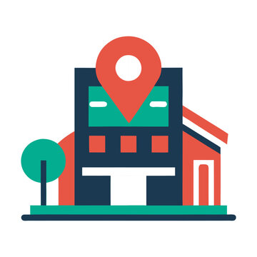 Shopping mall map icon with building and location pin in colorful vector