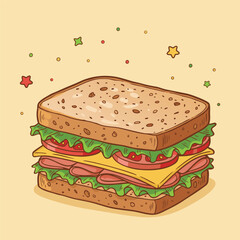 Delicious Layered Ham and Cheese Sandwich – Cute Cartoon Food Vector Illustration