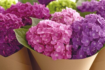 Beautiful Hydrangeas Wrapped in Kraft Paper for Gift Presentation in a Delightful Arrangement