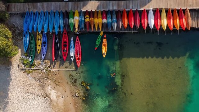 Vibrant kayaks lined neatly along a wooden dock next to turquoise water. Outdoor rental, water sport, and summer vacation activity.