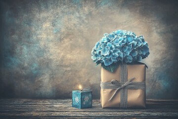 Beautiful Hydrangeas Wrapped in Kraft Paper with a Candle on a Rustic Wooden Table