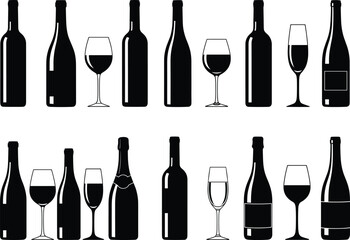 Black silhouette vector illustration of wine bottles and glasses, elegant beverage design for bar menu, restaurant decoration, party, celebration, and drink-themed artwork