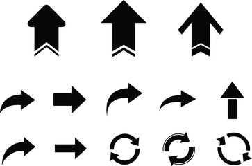 Black vector illustration collection of directional arrows, rotation symbols, and navigation signs for road, transport, and graphic user interface design